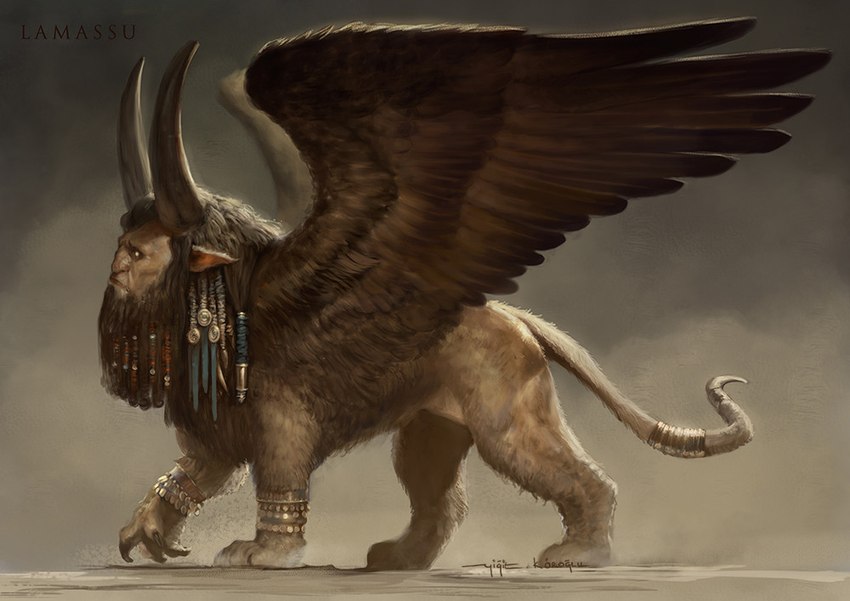 claws feathered_wings feathers hooves horn humanoid_face long_beard male mane solo wings yigit_koroglu mesopotamian_mythology hybrid lamassu adobe_photoshop_(artwork) digital_media_(artwork)