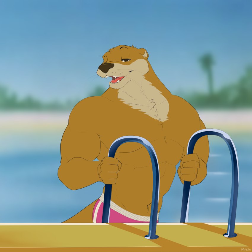 anthro biceps biped brown_body brown_fur clothed clothing day fur humanoid_hands looking_at_viewer male navel outside pecs pink_clothing pink_underwear pool sky smile solo swimming_pool tail underwear underwear_only water whiskers mosin animalympics dean_wilson mammal mustelid otter 1:1 2020 digital_drawing_(artwork) digital_media_(artwork)