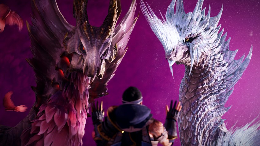 ambiguous_gender armor blurred_character clothed clothing feral group hair horn ice larger_ambiguous larger_feral looking_at_another male outside pupils purple_background red_eyes scales simple_background size_difference sky slit_pupils smaller_human smaller_male smug stare trio white_body yellow_eyes ivorylagiacrus capcom monster_hunter elder_dragon human malzeno mammal qurio scalie velkhana 16:9 2023 3d_(artwork) 4k absurd_res digital_media_(artwork) hi_res widescreen