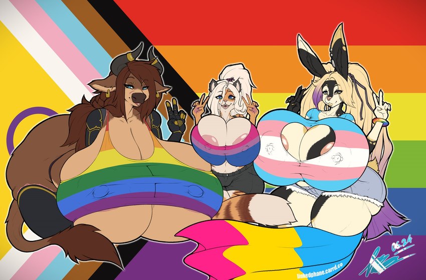 anthro areola big_breasts big_butt bisexual_pride_colors breasts butt clothed clothing female fur group hair huge_breasts hyper hyper_breasts lgbt_pride nipple_piercing nipples piercing pride_colors progress_pride_colors rainbow_pride_colors simple_background smile stripes tail text thick_thighs transgender_pride_colors trio white_body bantar2 bovid bovine cattle felid lagomorph leporid mammal pantherine rabbit tiger 2024 dated digital_media_(artwork) hi_res url