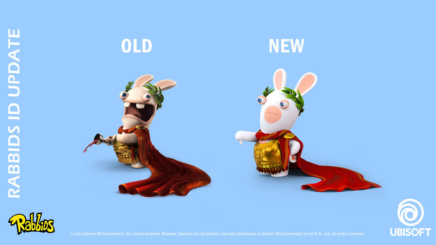 alcohol anthro armor beverage blue_background blue_eyes breastplate cape closed_frown clothing duo featureless_legs frown frowning_at_another fur gesture hand_gesture hand_on_hip hand_on_own_hip hand_pawpads holding_goblet laurel_wreath light long_ears male male_anthro mitten_hands mouth_closed multicolored_body no_eyebrows noseless open_mouth pawpads red_cape red_clothing short_legs simple_background spilling_drink standing tan_body tan_eyelids tan_inner_ear tan_pawpads tan_skin text thumbs_down two_tone_body white_body white_fur wine benjamin_martineau raving_rabbids rayman_(series) ubisoft lagomorph mammal rabbid 16:9 2024 3d_(artwork) adobe_photoshop_(artwork) autodesk_maya_(artwork) blender_(artwork) colored copyright_name digital_media_(artwork) english_description english_text hi_res lighting official_art shaded substance_painter_(artwork) widescreen zbrush_(artwork)