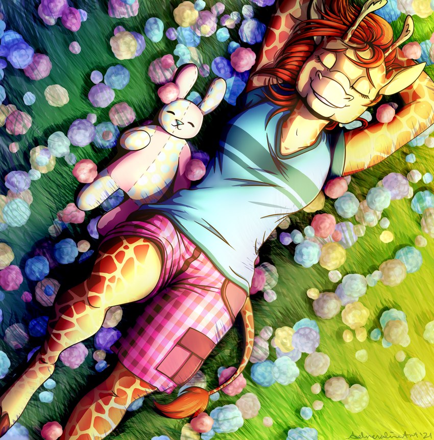 anthro basking colorful_background doll female flower grass plant plushie reclining resting smile solo adrenalineart legend_of_ahya marle_talbender_(darkflamewolf) giraffe giraffid lagomorph leporid mammal rabbit colorful_theme hi_res