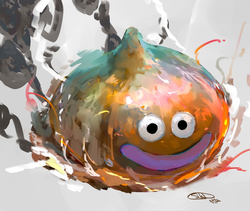 ambiguous_gender black_eyes elemental_manipulation feral fire fire_manipulation glistening glistening_body grey_background legless not_furry orange_body orange_slime red_slime round_body simple_background smile smoke solo sukep dragon_quest square_enix goo_creature slime_(blob) slime_(dragon_quest) 2022 colored dated digital_media_(artwork) digital_painting_(artwork) hi_res shaded signature