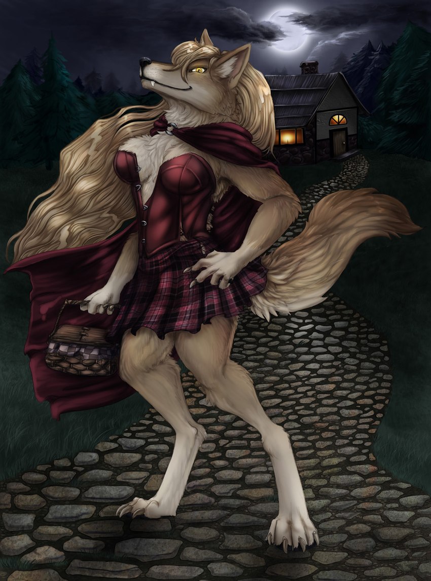 anthro basket blonde_hair bottomwear breasts cleavage cloak clothed clothing container fangs female forest fur gloves_(marking) hair markings moon night outside plant skirt solo tan_body tan_fur teeth tree yellow_eyes arania fairy_tales little_red_riding_hood_(copyright) little_red_riding_hood canid canine canis mammal wolf hi_res