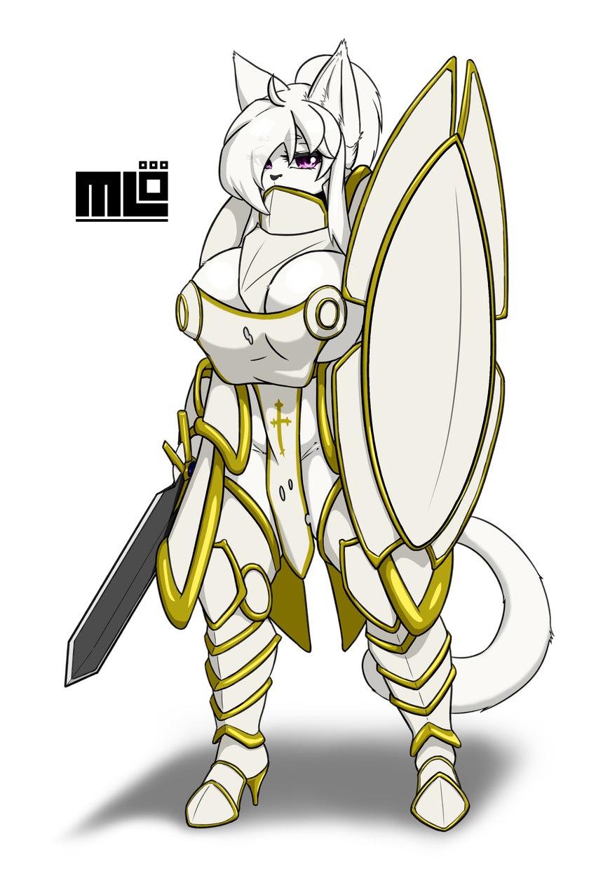 anthro armor big_breasts breasts clothed clothing female fur hair holding_object holding_weapon legwear looking_at_viewer melee_weapon nipple_piercing nipples piercing purple_eyes shield simple_background solo sword tail topwear weapon white_body white_fur white_hair mi_lan milan_(mi_lan) felid feline mammal absurd_res digital_media_(artwork) hi_res