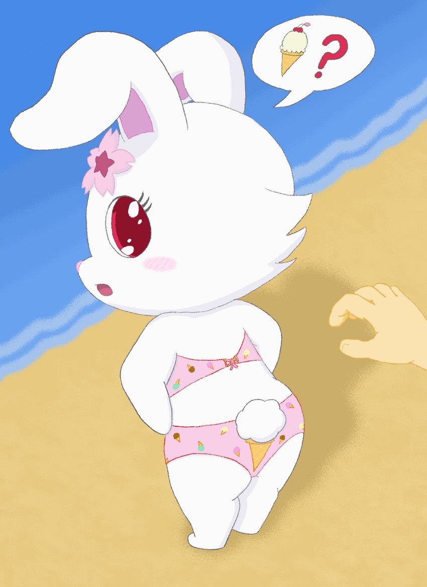 anthro beach bikini blush cherry clothing dessert female food fruit fur ice_cream ice_cream_cone pink_clothing pink_swimwear plant question_mark scut_tail seaside short_tail solo swimwear tail two-piece_swimsuit white_body white_fur masterlinkx jewelpet sanrio sega sega_fave ruby_(jewelpet) hare japanese_hare lagomorph leporid mammal rabbit hi_res