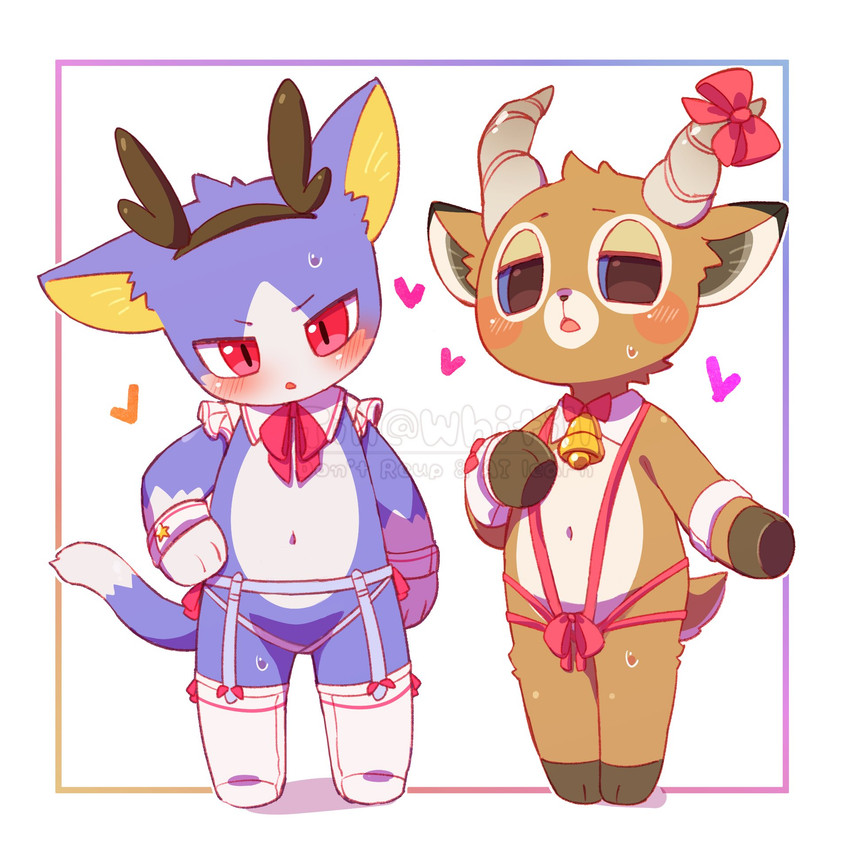anthro bdsm bell bell_collar blush bondage bound chibi clothing collar duo embarrassed featureless_crotch heart_symbol hooves lingerie male navel ribbon_bondage ribbons slightly_chubby young whitill_fluffy animal_crossing nintendo beau_(animal_crossing) rover_(animal_crossing) deer domestic_cat felid feline felis mammal 1:1 hi_res