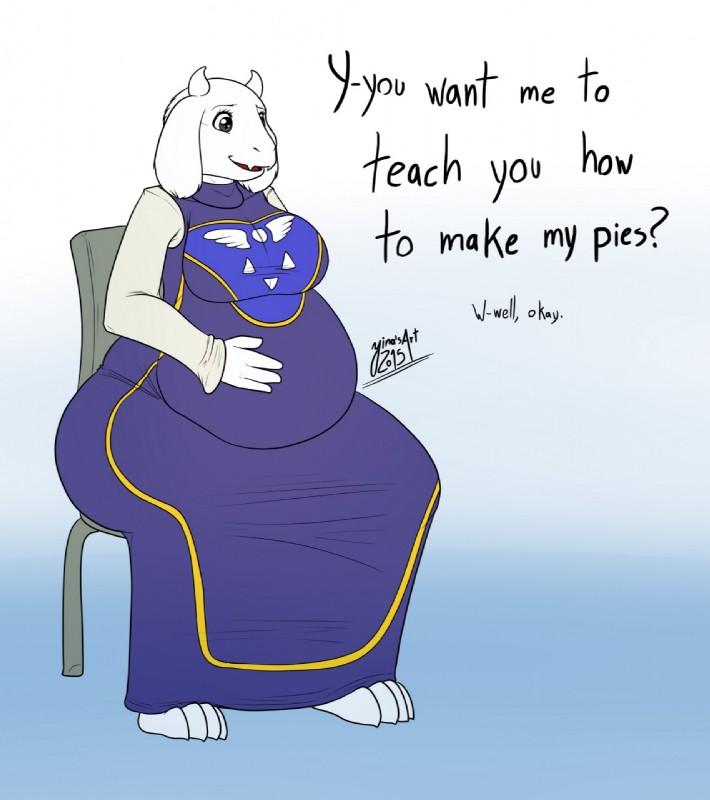 anthro barefoot big_breasts biped breasts feet female looking_at_viewer offscreen_character overweight overweight_anthro overweight_female simple_background solo text weight_gain yina undertale undertale_(series) toriel boss_monster_(undertale) bovid caprine mammal english_text hi_res