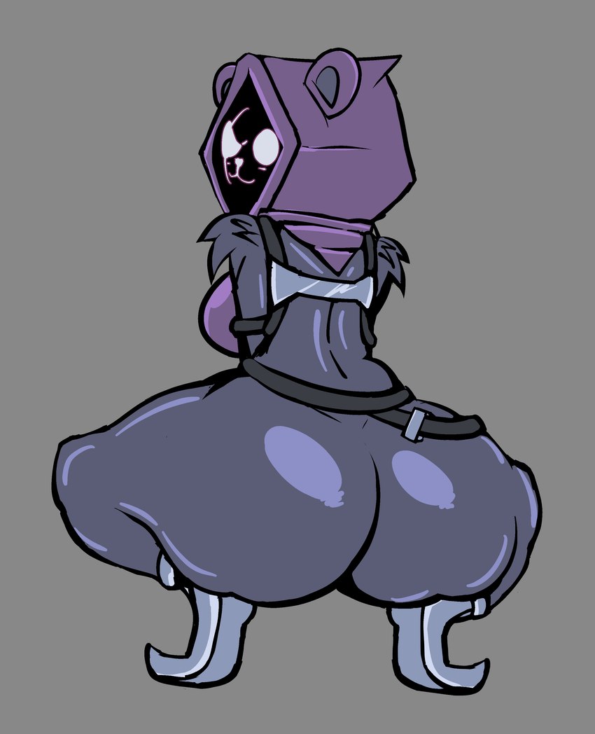 :3 anthro arm_tuft armored_boots big_butt breasts butt crouching empty_eyes eye_scar facial_scar female fur grey_background grey_body grey_fur huge_butt looking_at_viewer looking_back looking_back_at_viewer obscured_face purple_hood rear_view scar shoulder_tuft simple_background smile solo thick_thighs tuft white_eyes wide_hips p0verteils epic_games fortnite raven_team_leader bear mammal absurd_res hi_res