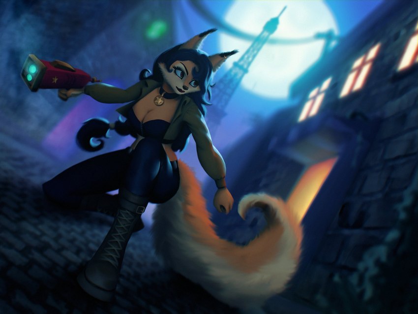 anthro black_nose blue_clothing blue_hair blue_topwear boots braided_hair braided_ponytail breasts cheek_tuft clothed clothing collar collar_tag countershade_fur countershading detailed_background ear_piercing ear_ring eiffel_tower eyebrows eyelashes facial_tuft female fluffy fluffy_ears fluffy_tail footwear front_view full_moon fur gun hair handgun holding_object holding_weapon kneeling laced_boots lipstick long_hair makeup moon night open_clothing open_topwear outside paris piercing ponytail ranged_weapon ring_piercing shoes solo street tail topwear tuft weapon stockinger sly_cooper_(series) sony_corporation sony_interactive_entertainment sucker_punch_productions carmelita_fox canid canine fox hybrid mammal 2022 4:3 digital_media_(artwork) hi_res