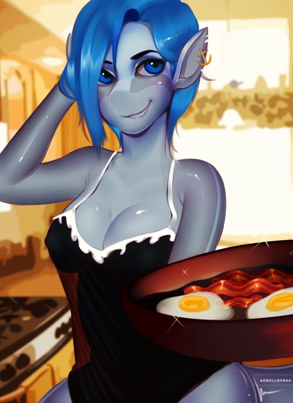 anchor anchor_piercing anthro bacon black_nightgown breasts clothing ear_piercing female food fried_egg kitchen meat morning nightgown non-mammal_breasts piercing solo angellove44 alesia fish marine shark hi_res