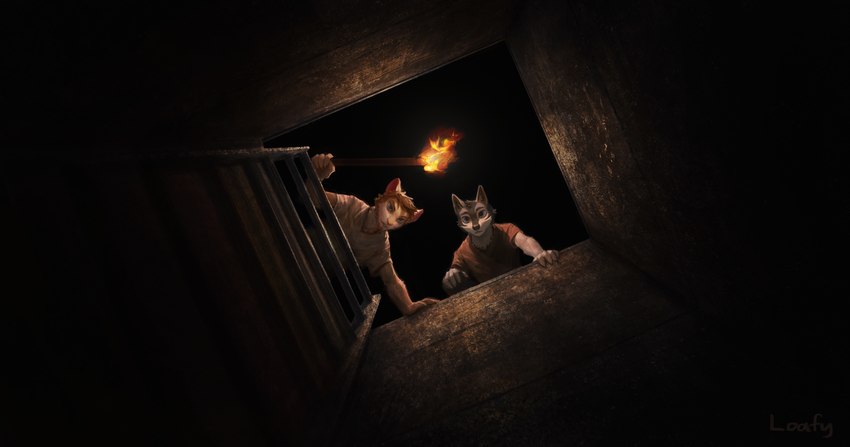 anthro duo hatch ladder looking_down lost male torch lofi elias_gadabout_(calidan) elon_flow_(calidan) canid canine canis cricetid domestic_dog grasshopper_mouse husky mammal nordic_sled_dog rodent spitz absurd_res hi_res