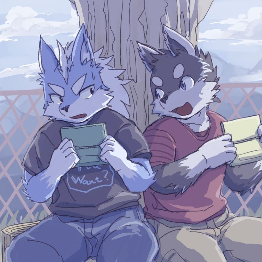 adolescent anthro blue_eyes blush clothed clothing duo eye_contact fence gaming hair lawn looking_at_another male male/male plant playing_video_game sky skyscape smile tree white_hair young young_anthro young_male oodaru lagoon_lounge nintendo nintendo_ds nintendo_ds_family kuugo_(lagoon_lounge) sousuke_inami canid canine canis domestic_dog husky mammal nordic_sled_dog spitz wolf 1:1