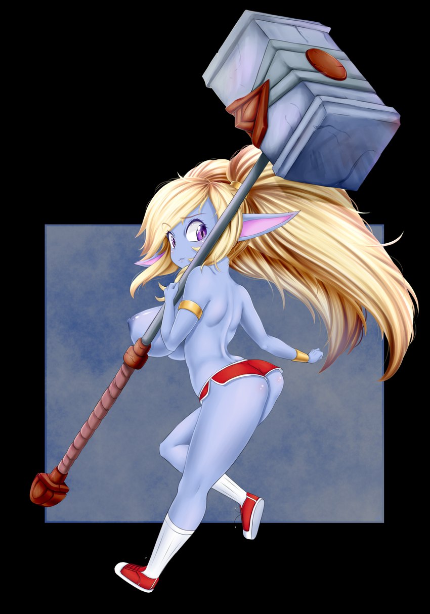 areola big_breasts blue_body bottomwear breasts butt clothing dark_nipples female hammer huge_breasts humanoid_pointy_ears maul nipples pointy_ears sagging_breasts short_stack shorts side_boob solo tools under_boob ya-ya-tan league_of_legends riot_games tencent poppy_(lol) humanoid yordle absurd_res alpha_channel hi_res