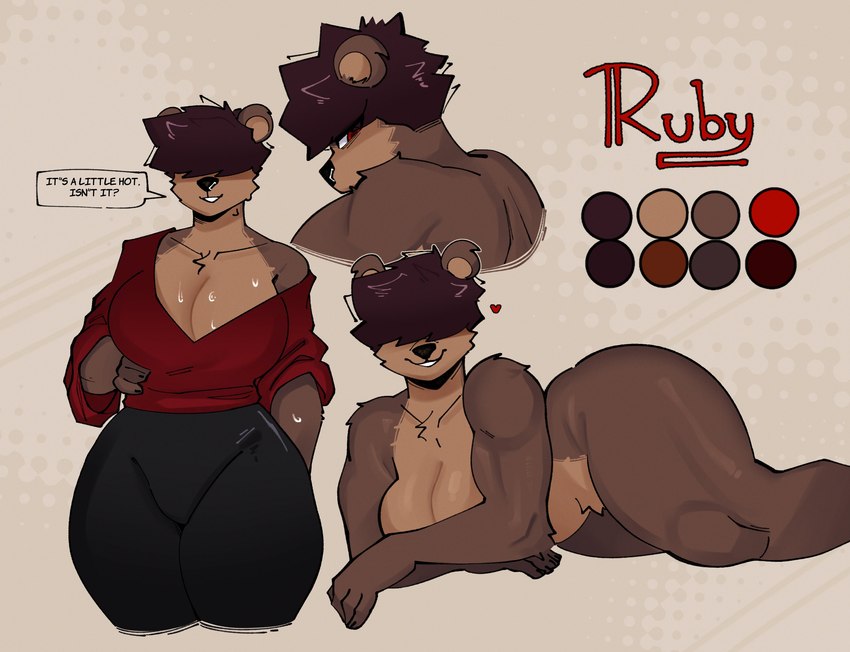 anthro big_breasts bottomwear breasts brown_body brown_fur brown_hair cleavage clothed clothing curvy_figure female fully_clothed fur hair hair_over_eyes nude pants red_eyes smile solo thick_thighs tomboy wide_hips rodd.y ruby_(rodd.y) bear mammal hi_res model_sheet