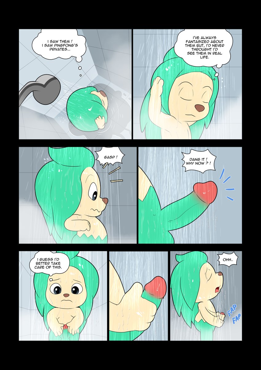 anthro genitals humanoid_genitalia humanoid_penis male masturbation penis shower solo text young launny hogi eulipotyphlan hedgehog mammal absurd_res comic english_text hi_res