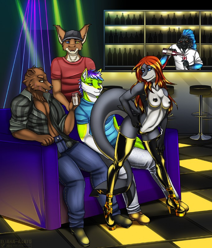 alcohol anthro bar barman beverage black_body black_nipples black_scales black_sclera blue_eyes bottle breasts brown_body brown_fur clothing container dancing female footwear fur furniture glass green_body green_fur grey_body grey_scales group hair heterochromia high_heels holding_bottle holding_container holding_object latex male nipples orange_eyes orange_hair panties purple_hair scales scar shoes small_breasts smile sofa striptease tattoo underwear white_body white_eyes white_fur white_scales wine yellow_eyes eliana-asato bear fish mammal marine shark hi_res