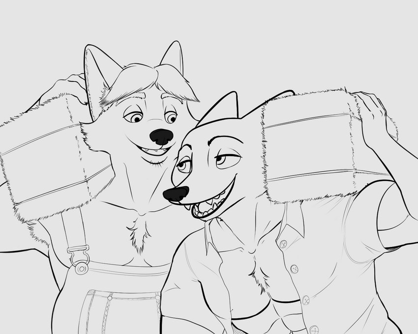 abs anthro biceps clothed clothing duo humanoid_hands male musclegut muscular muscular_male open_clothing open_shirt open_topwear overalls pecs shirt simple_background topwear jonsthaman disney zootopia gideon_grey nick_wilde canid canine fox mammal red_fox true_fox 2021 5:4 monochrome