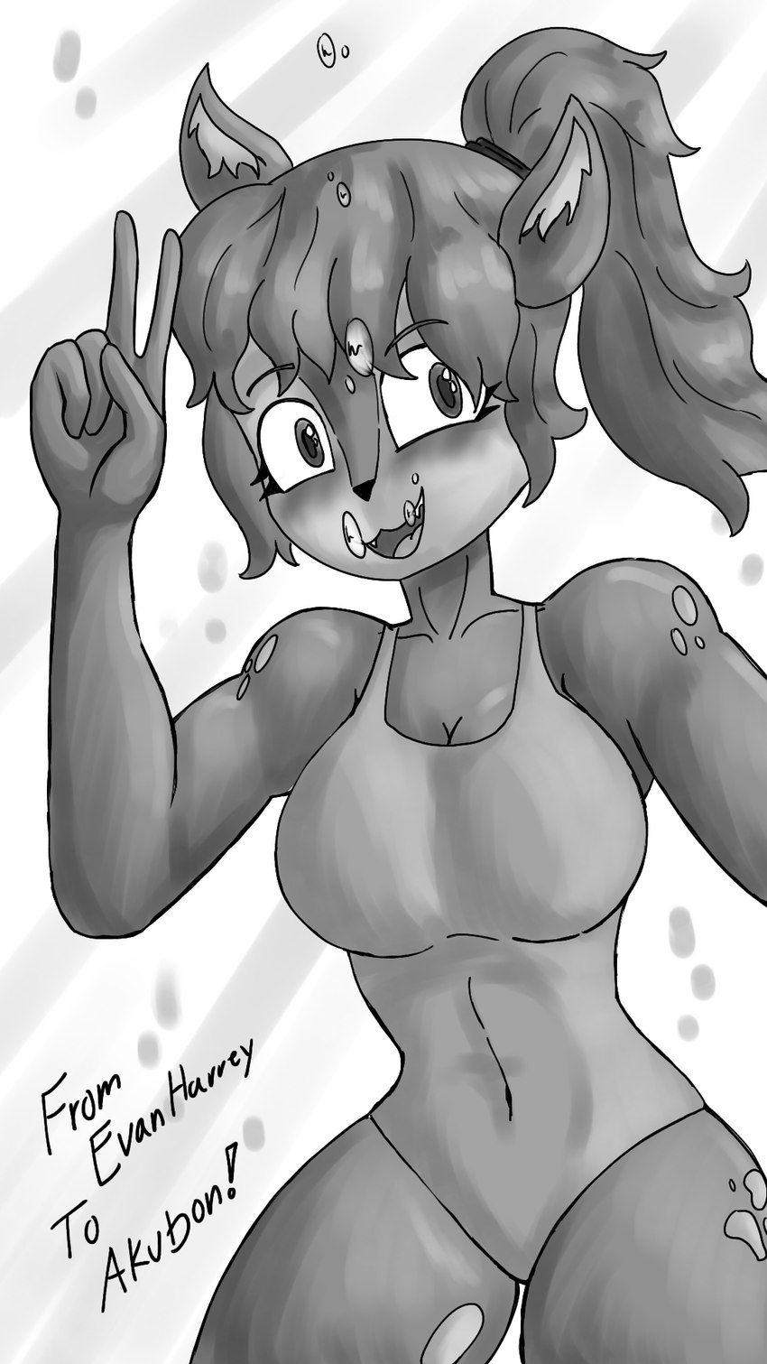 anthro breasts bubble clothing countershading eyelashes fangs female gesture hair hand_gesture leg_markings looking_at_viewer markings navel_outline one-piece_swimsuit ponytail shoulder_spots simple_background solo swimwear teeth text underwater v_sign water white_background gemi_lightning_(artist) nidea_(akubon) deer mammal 9:16 greyscale hi_res monochrome