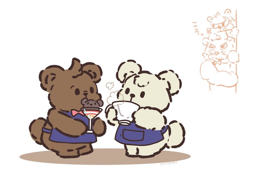 anthro apron biped black_nose bow_tie brown_body clothing container cup dot_eyes group kemono mug tongue tongue_out white_body young young_anthro yum19161663 kumalino sanrio brew_(kumalino) drip_(kumalino) roast_(kumalino) syrup_(kumalino) bear mammal 2023 hi_res