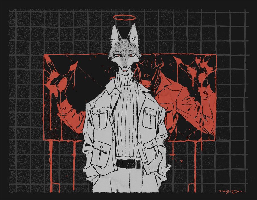 anthro blood bodily_fluids bone clothed clothing halo male skull solo window mucknagabe canid canine canis coyote mammal hi_res