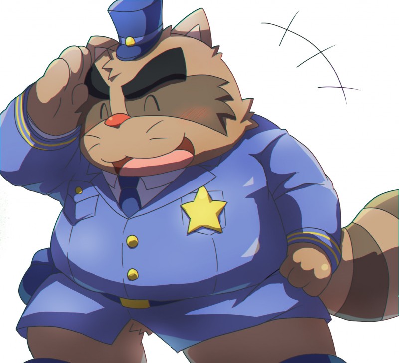 anthro barazoku blush brown_body brown_fur clothing eyes_closed fur hat headgear headwear humanoid_hands male necktie overweight overweight_anthro overweight_male police shirt simple_background solo topwear white_background emufu alice_detective_bureau inspector_arai mammal procyonid raccoon 2018 hi_res