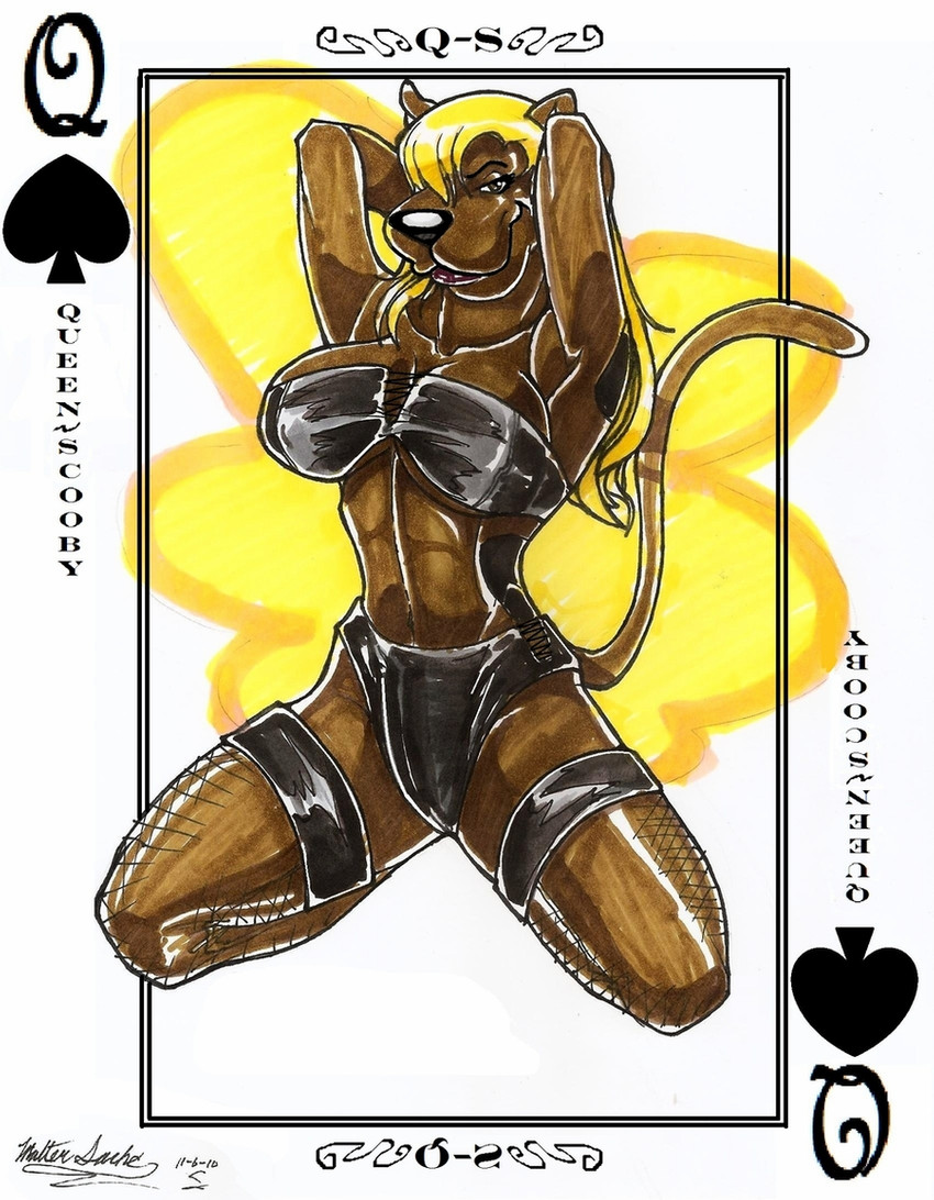 anthro anthrofied big_breasts biped blonde_hair bra breasts brown_body brown_eyes brown_fur card card_template clothed clothing crossgender female fishnet_clothing fur hair hands_behind_head kneeling leather legwear lingerie long_hair looking_at_viewer naughty_face panties partially_clothed playing_card playing_card_template pose queen_of_spades raised_tail seductive simple_background sitting skimpy smile smirk solo spades_(suit) stockings suit_symbol tail text thigh_highs underwear walter_sache hanna-barbera scooby-doo_(series) scooby-doo canid canine canis domestic_dog great_dane mammal mastiff molosser 2010 english_text marker_(artwork) mixed_media pinup traditional_media_(artwork)