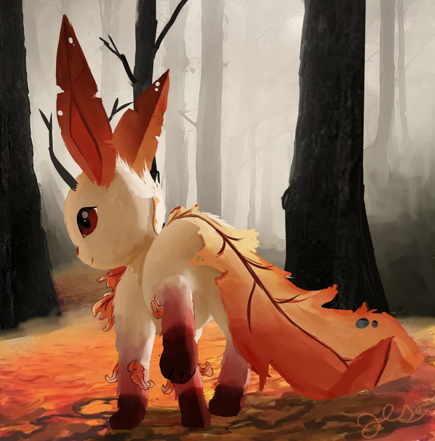 4_legs ambiguous_gender anthro autumn cloud day fallen_leaves feet feral fog forest horn leaf leaf_tail multicolored_body plant quadruped rear_view red_eyes red_nose sky solo tail tan_body tree mythrava nintendo pokemon eeveelution generation_4_pokemon leafeon mammal pokemon_(species) 2020 2023 digital_media_(artwork) digital_painting_(artwork) hi_res