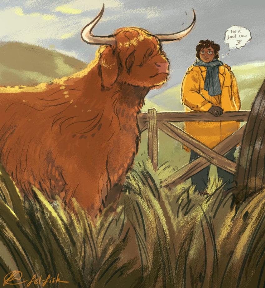 ambiguous_gender detailed_background duo feral fluffy grass plant standing text thought_bubble fel-fisk the_magnus_archives martin_blackwood bovid bovine cattle highland_cattle human mammal english_text hi_res