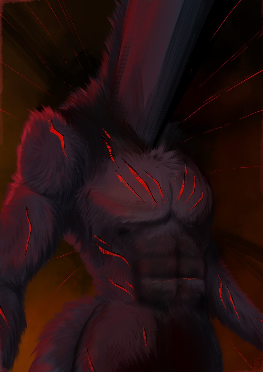 abs abstract_art anthro black_body black_fur featureless_face fluffy fur male muscular muscular_male neck_tuft red_light scar scars_all_over solo tuft zeptophidia disco_elysium physical_instrument_(disco_elysium) canid canine canis mammal wolf digital_media_(artwork) digital_painting_(artwork) hi_res painting_(artwork)