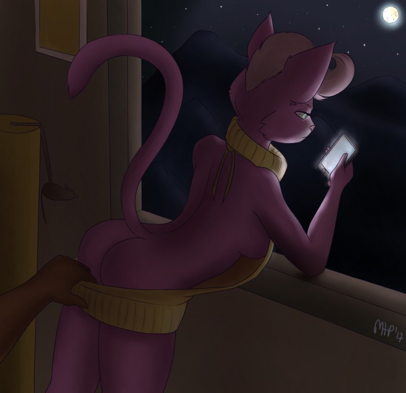 anthro back_focus breasts butt butt_cleavage clothed clothing duo electronics female fur hair offscreen_character phone pink_body pink_fur side_boob solo_focus sweater tail topwear virgin_killer_sweater whiskers mina-the-pie bojack_horseman meme_clothing netflix princess_carolyn domestic_cat felid feline felis mammal 2017 absurd_res digital_media_(artwork) hi_res meme