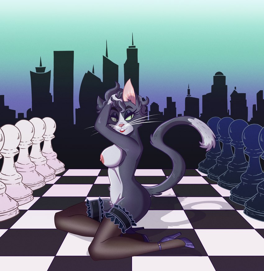 anthro bedroom_eyes breasts chessboard clothing female footwear fur green_eyes high_heels kneeling legwear looking_aside mostly_nude multicolored_body multicolored_fur narrowed_eyes nipples pawn_(chess) pose pupils seductive shoes side_boob skyline slit_pupils smile solo stockings two_tone_body two_tone_fur whiskers jazzybatty chesapeake_locke domestic_cat felid feline felis mammal tuxedo_cat absurd_res hi_res pinup