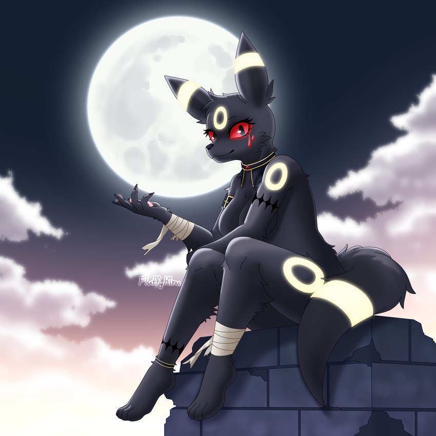 accessory anthro bandage barefoot black_body black_fur black_tail breasts brick_wall cloud feet female fingerpads fingers full_moon fur glowing glowing_markings light looking_at_viewer markings medium_breasts moon moonlight night nude pawpads paws red_eyes red_sclera ruins smile solo tail wall_(structure) fluffy_hinu nintendo pokemon eeveelution generation_2_pokemon pokemon_(species) umbreon 1:1 digital_media_(artwork) hi_res signature