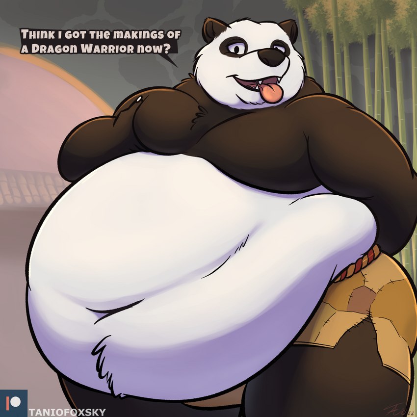 anthro bamboo bamboo_tree belly big_belly bottomwear clothed clothing dialogue fangs fur half-closed_eyes hand_behind_back holding_moob looking_at_viewer male moob_grab moobs morbidly_obese morbidly_obese_anthro morbidly_obese_male multicolored_body multicolored_fur narrowed_eyes navel obese obese_anthro obese_male open_mouth overweight overweight_anthro overweight_male patch_(fabric) plant shorts solo standing talking_to_viewer teeth text tongue tongue_out topless topless_anthro topless_male torn_clothing tree tanio dreamworks kung_fu_panda patreon master_po_ping bear giant_panda mammal 1:1 2023 signature