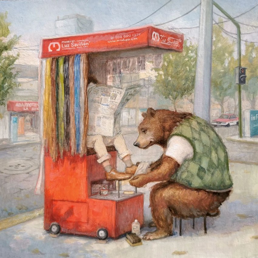 anthro biped bottomless bottomwear brown_body brown_fur car clothed clothing day detailed_background duo fur newspaper outside pants plant shoe_shiner sitting sweater sweater_vest topwear traffic_light tree vehicle vest joaquincarre bear mammal 1:1 2022 gouache_(artwork) hi_res painting_(artwork) shaded traditional_media_(artwork)