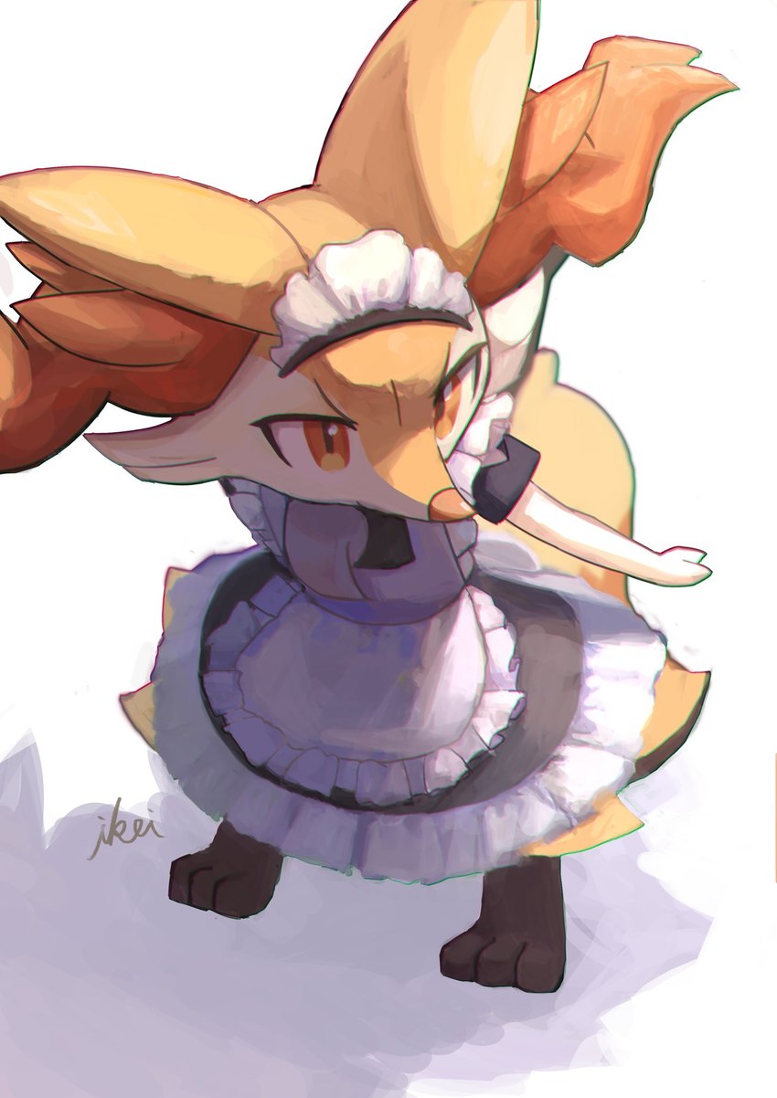 3_toes ambiguous_gender anthro biped clothing feet fur maid_uniform orange_body orange_eyes orange_fur simple_background solo toes uniform white_background white_body white_fur yellow_body yellow_fur ikei_(artist) nintendo pokemon braixen generation_6_pokemon pokemon_(species) 2021 hi_res