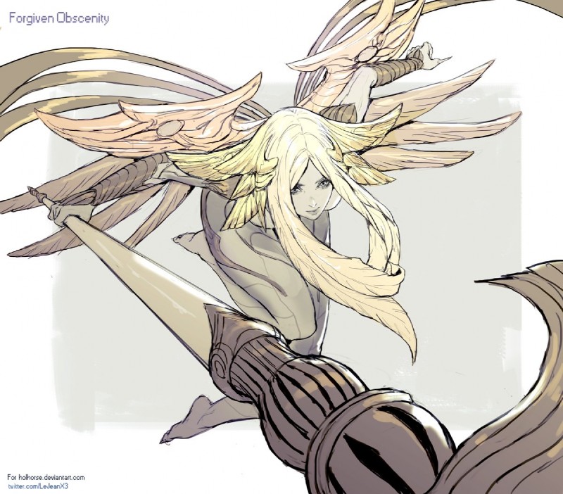 blonde_hair female grey_body grey_skin hair melee_weapon monster_girl_(genre) not_furry polearm solo spear weapon wings lejeanx3 final_fantasy final_fantasy_xiv final_fantasy_xiv:_shadowbringers square_enix forgiven_obscenity humanoid sin_eater