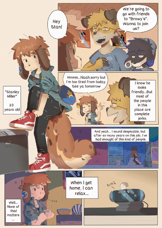 anthro camera cigarette clothed clothing dialogue ear_piercing eyewear glasses group long_tail male open_mouth open_smile piercing smile speech_bubble sticker_on_ear tail text trio webcam beez stan_(beez) canid canine mammal 2019 comic english_text hi_res