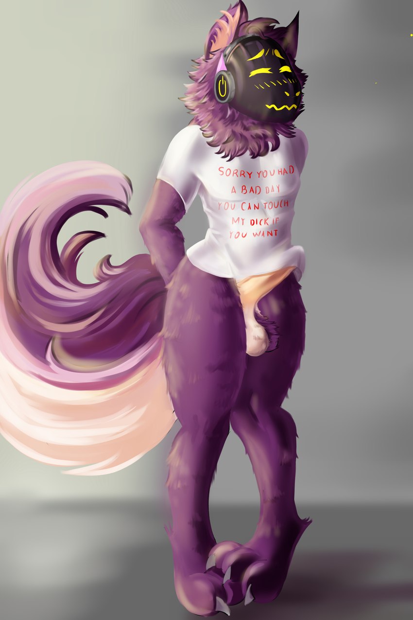 ankle_tuft anthro balls big_penis big_tail blush bottomless claws clothed clothing crossed_legs detailed_background detailed_shading erection erection_under_clothing erection_under_shirt eyes_closed fluffy fluffy_tail foot_on_foot fur genitals grey_background hair hand_behind_back inner_ear_fluff leg_tuft machine male neck_tuft penis penis_under_clothing penis_under_shirt pink_ears power_symbol pubes purple_body purple_fin purple_fur purple_hair red_text shadow shirt short_sleeved_shirt short_sleeves shy simple_background solo standing tail tan_body tan_fur tan_penis text topwear tuft white_clothing white_shirt white_topwear yellow_eyes tetgod meme_clothing sorry_you_had_a_bad_day vapor_holloway domestic_cat felid feline felis mammal protogen 2:3 absurd_res detailed hi_res meme