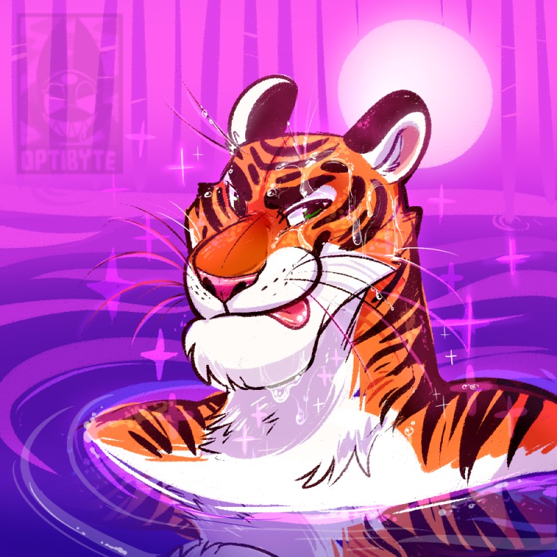 anthro belly countershading fur green_eyes looking_at_viewer male moon orange_body orange_fur pink_nose purple_background simple_background sky solo striped_body striped_fur stripes sunset swimming tongue tongue_out water wet whiskers white_belly white_body white_fur optibyte disney zootopia tiger_dancer_(zootopia) felid mammal pantherine tiger 1:1