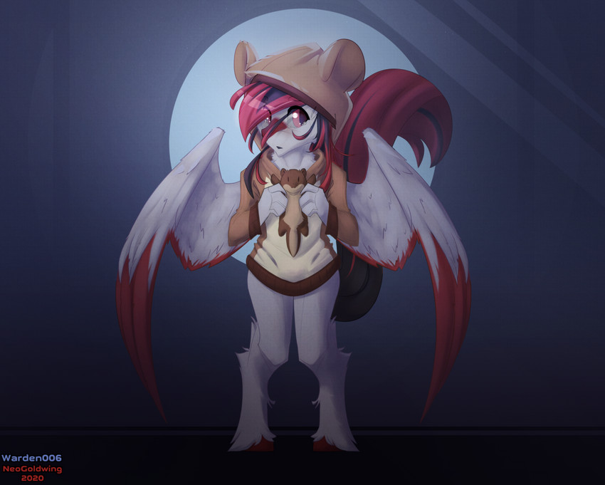 ambiguous_gender anthro biped black_hair black_tail bottomless clothed clothing feathered_wings feathers femboy flat_chested fur hair hoodie hooves multicolored_hair multicolored_tail partially_clothed plushie red_hair red_tail simple_background solo standing tail topwear white_body white_fur wings neo_goldwing_(artist) mythology iridium_gloom equid equine mammal mythological_creature mythological_equine pegasus digital_drawing_(artwork) digital_media_(artwork) male_(lore)