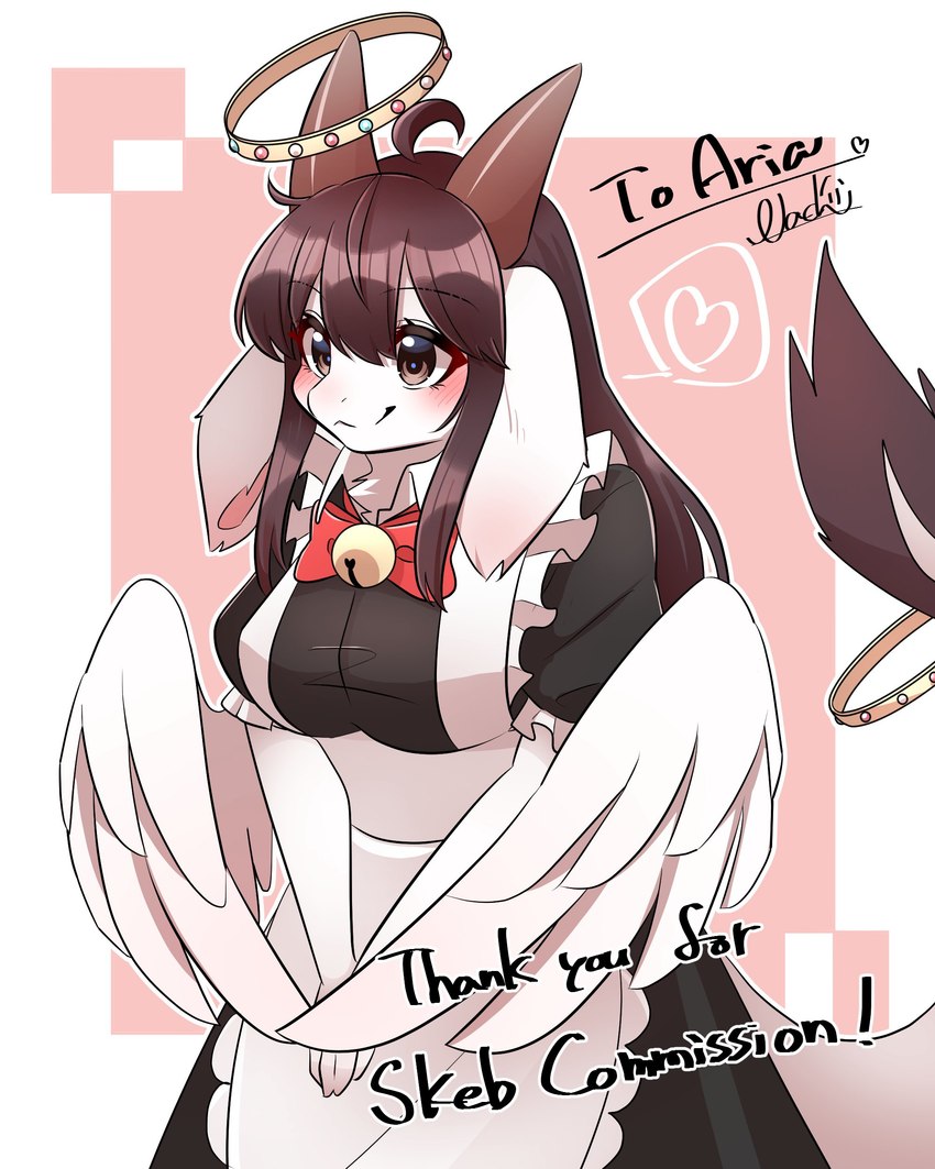 5_fingers anthro bell big_breasts blush breasts brown_eyes brown_hair clothing female female_anthro fingers fur hair heart_symbol horn kemono long_ears long_hair maid_uniform red_ribbon simple_background smile snout solo standing text text_with_heart uniform white_body white_fur nachiwanko mythology dragon furred_dragon furred_scalie hybrid mythological_creature mythological_scalie scalie 2021 4:5 absurd_res english_text hi_res