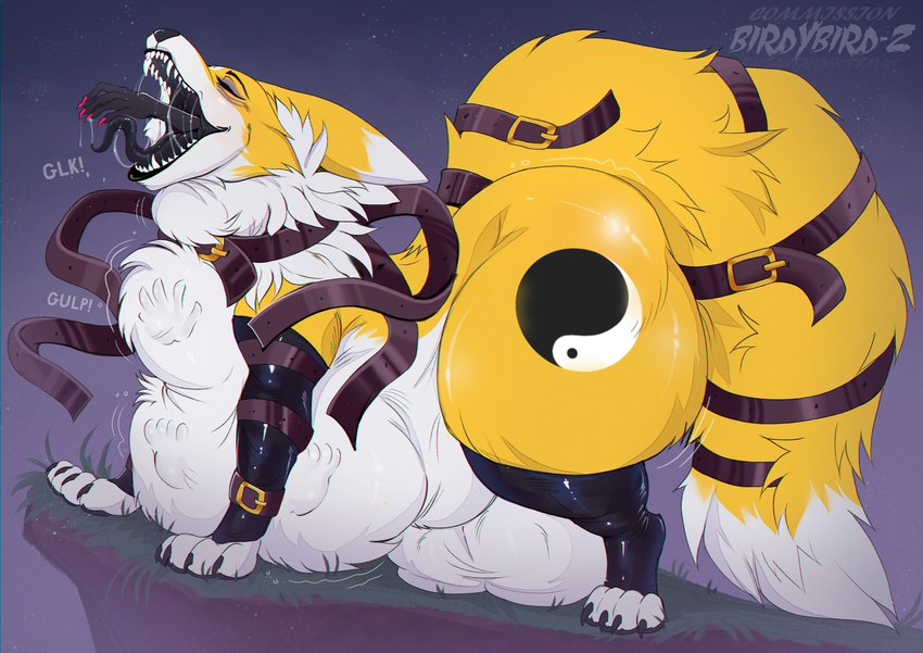 4_toes abdominal_bulge almost_fully_inside ambiguous_anthro ambiguous_gender ambiguous_prey anthro anthro_prey balls belly belt belt_collar big_balls big_belly big_butt big_tail black_body black_claws black_clothing black_fur black_legwear black_nose black_pawpads black_tongue bodily_fluids butt choker_snapping claws clothed clothed_feral clothing collar countershade_fur countershade_torso countershading detailed_background dipstick_ears dipstick_tail duo ear_markings eyelashes eyes_closed feet feet_first feral feral_focus feral_pred feralized finger_claws fluffy fluffy_tail foot_imprint fur genitals grass hand_imprint huge_balls huge_tail huge_thighs imprint larger_feral larger_male larger_pred legwear male male_feral male_focus male_pred markings multicolored_body multicolored_ears multicolored_fur multicolored_tail neck_bulge neck_tuft night open_mouth oral_vore outside pawpads pink_claws plant quadruped saliva saliva_string size_difference sky smaller_ambiguous smaller_anthro soft_vore solo_focus sound_effects standing star starry_sky swallowing swallowing_sound_effect tail tail_markings thick_thighs toe_claws toes tongue tongue_out tuft two_tone_body two_tone_ears two_tone_fur two_tone_tail vore white_body white_countershading white_ear_tips white_ears white_fur white_tail white_tail_tip yellow_body yellow_ears yellow_fur yellow_tail santanahoffman bandai_namco digimon raaru canid canine digimon_(species) mammal renamon 2024 colored digital_media_(artwork) shaded intersex_(lore)