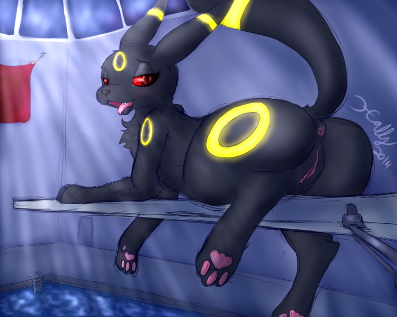 anus blush butt diving_board female feral genitals inside looking_at_viewer pawpads paws presenting presenting_hindquarters pussy raised_tail red_eyes red_sclera solo swimming_pool tail water xilrayne nintendo pokemon eeveelution generation_2_pokemon pokemon_(species) umbreon 5:4 hi_res