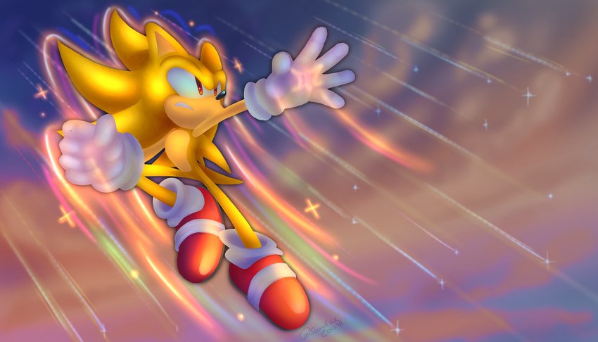 5_fingers anthro black_nose clothing fingers flying footwear fur gloves glowing glowing_eyes handwear male quills_(anatomy) red_clothing red_eyes red_footwear shoes sky sky_background skyscape solo star super_form white_clothing white_gloves white_handwear yellow_body yellow_fur sundae2004 sega sonic_the_hedgehog_(series) sonic_the_hedgehog super_sonic eulipotyphlan hedgehog mammal 7:4 absurd_res digital_drawing_(artwork) digital_media_(artwork) hi_res lineless