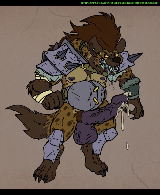 animal_genitalia barbarian bodily_fluids cum fantasy genital_fluids genitals male muscular muscular_male penis pubes saliva slightly_chubby tribal warrior weapon grostenmeiers dungeons_and_dragons hasbro wizards_of_the_coast gnoll hyena mammal aliasing digital_media_(artwork) hi_res