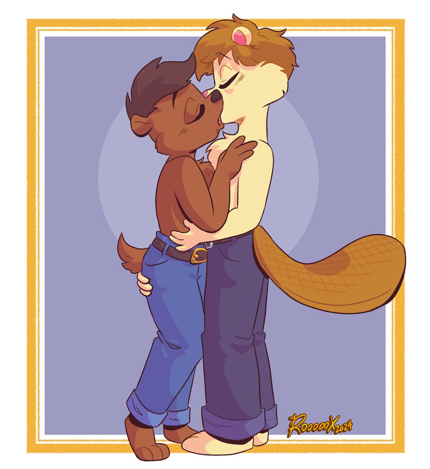 achillean anthro barefoot bisexual_male blue_bottomwear blue_clothing blue_jeans blue_pants bottomwear butt butt_grab chest_tuft clothing denim denim_bottomwear denim_clothing duo eyes_closed feet femboy french_kissing hand_on_butt hand_on_shoulder hand_on_side hug interspecies jeans kissing lgbt_couple male male/male open_mouth pants romantic romantic_couple shirtless_male tuft croxovergoddess jeremy_rivers nathan_beckett bear beaver brown_bear mammal rodent ursine hi_res