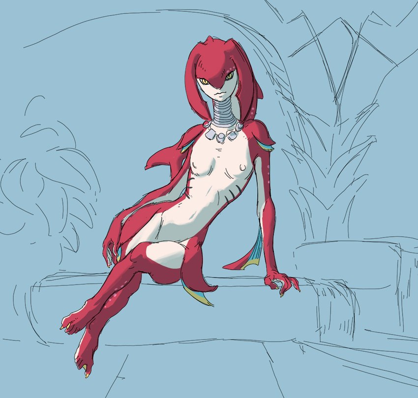 5_toes anthro breasts countershading feet female looking_at_viewer nipples nude red_body simple_background sitting small_breasts small_waist solo toes yellow_eyes scuotivento breath_of_the_wild nintendo the_legend_of_zelda fish marine zora digital_media_(artwork)