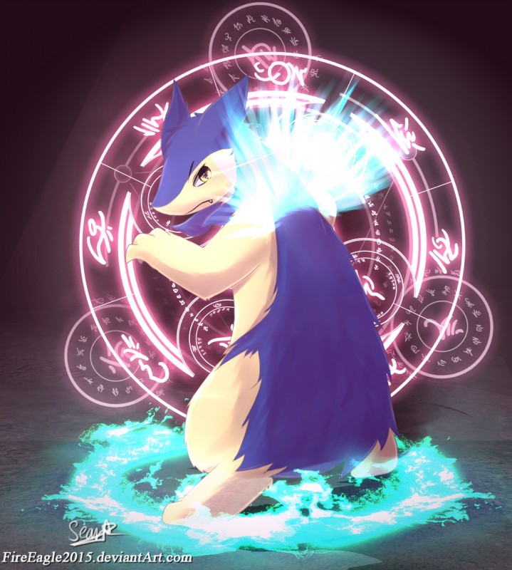 anthro casting circle fire magic male ring solo spell standing senz nintendo pokemon generation_2_pokemon pokemon_(species) typhlosion 2017 absurd_res hi_res