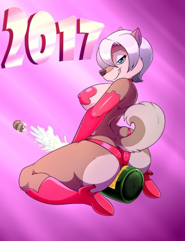 alcohol anthro beverage big_breasts big_butt biped blue_eyes breasts butt champagne female fur hair half-closed_eyes holidays looking_at_viewer looking_back narrowed_eyes sitting solo wariza white_hair yellow_sclera lonbluewolf new_year luu_(lonbluewolf) canid canine canis mammal wolf 2017 hi_res